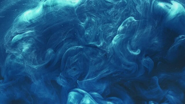 Paint swirl in water. Color smoke cloud. Surfing lagoon glowing wave animation. Dark blue shiny glitter fume splash whirl dynamic texture abstract art background.