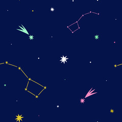 Fototapeta premium Space background. Cosmic seamless vector pattern with stars, comets and constellations on dark blue background
