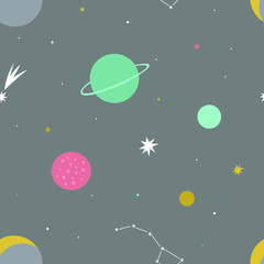 Naklejka premium Space background. Cosmic seamless vector pattern with planets, comets, constellations in space on grey background