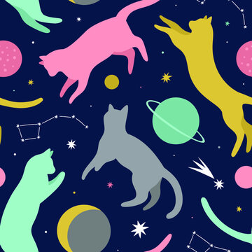 Cats space background. Cosmic seamless vector pattern with cats floating in space
