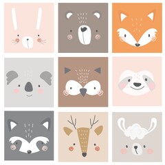 A set of postcards with animals rabbit, bear, fox, koala, owl, sloth, raccoon, deer, llama on a colored background. Vector illustration for printing on fabric, packaging paper, postcards, posters © Дмитрий Бондаренко