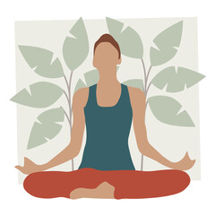 Obraz na płótnie Canvas Yoga meditation illustration. Exercise, spiritual practice, houseplants in background. Vector illustration.