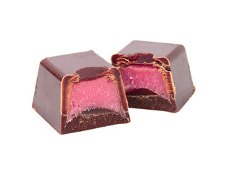 Chocolate sweets with pink strawberry filling praline isolated on the white