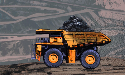 Yellow driverless dump trucks hauling coal. in an open pit coal mine. There are on tracks going up and down the hills of the pit in the background. Dust is coming from the truck