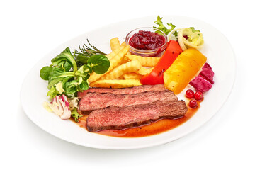 Grilled beef steak, medium rare steak, isolated on white background