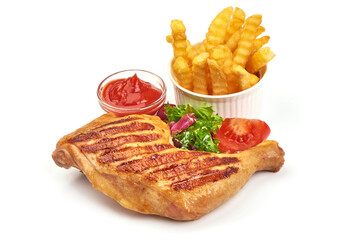 Grilled chicken legs with potato fry, isolated on white background