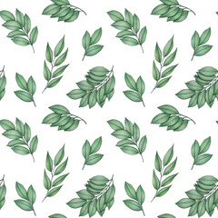 Hand drawn seamless pattern with green leaves on white background