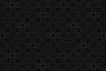 Geometric black convex volumetric 3D background in doodling style. Oriental ornament with a relief pattern of ethnic elements. Texture for decor.