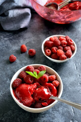 Raspberry sorbet, ice cream scoop
