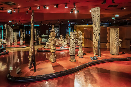 Interior of Quai Branly Museum (Musee du Quai Branly). Museum featuring indigenous art and cultures of Africa, Asia, Oceania and Americas: masks, sculptures, costumes. PARIS, FRANCE. September 3 2017.