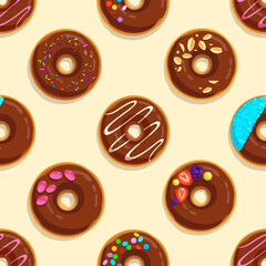 Seamless pattern of cartoon donuts - pastry bakery background. Doughnuts endless fashion wallpaper. Template for print fabric and wrapping paper. Vector illustration