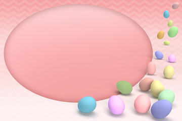 Colorful eggs for happy Easter on a red pastel abstract background.