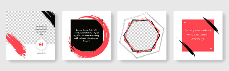 Abstract social media layout with red brush elements, clean and editable square banners for instagram and facebook, circular and hexagon shapes