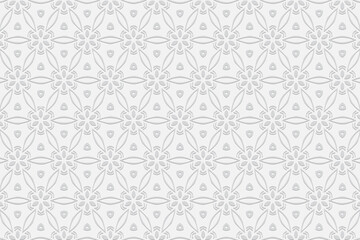 Geometric white openwork convex volumetric 3D background. Ornament with embossed ethnic floral pattern.