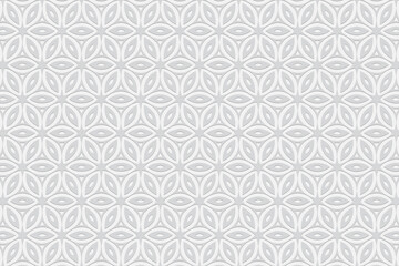 Geometric white openwork convex volumetric 3D background. Ornament with embossed ethnic floral pattern. Beautiful texture for design and decor.