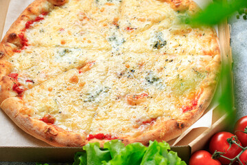 cheesy pizza 4 cheese assorted several types fast food other ingredients portion on the table meal snack top view copy space for text food background rustic image