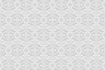 Geometric white convex volumetric 3D background. Ornament with a relief pattern of ethnic elements and figures. Texture in the style of oriental doodling for wallpapers, websites.