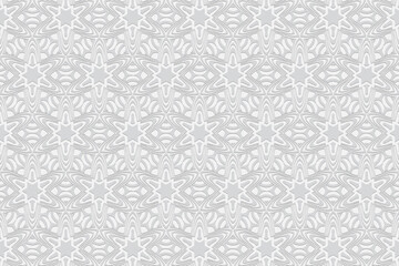 Geometric white convex volumetric 3D background. Ornament with a relief pattern of ethnic elements and figures. Texture in the style of oriental doodling for wallpapers, websites.
