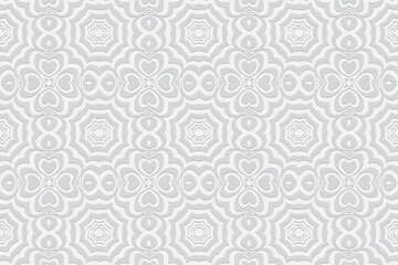 Geometric white convex volumetric 3D background. Ornament with a relief pattern of ethnic elements, figures and hearts for decoration.