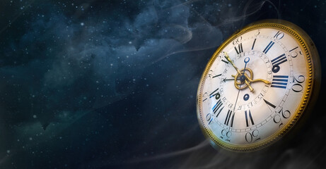 Clock face of the old watch on the night sky background with stars. Philosophy image of space time dimension and time transience. - obrazy, fototapety, plakaty
