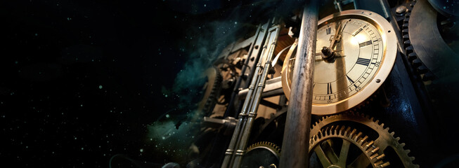 Mechanism of the old clock tower on the night sky background with stars. Philosophy image of space time dimension. - obrazy, fototapety, plakaty