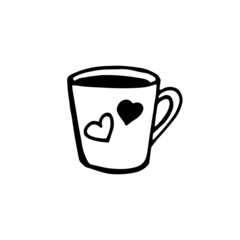 Cup with heart hand drawing doodle style sketch isolated on white background. Concept for Valentine's Day, love. Vector stock illustration. 