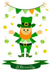 Vector Illustration Of A Greeting Card For St. Patrick's Day. Funny leprechaun, gold coins, clover, Vector ESP 10
