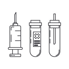 Line medical pharmaceutica set icon flask, ampoule, syringe. Professional equipment symbol. Science, pharmacy, medic, chemistry background emblem element. Laboratory glass. Vector outline illustration
