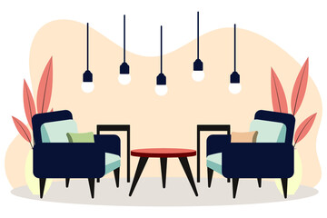 Stylish apartment interiors in Scandinavian style with modern decor. Cozy furnished living room. Cartoon flat vector illustration. Bright, stylish and comfortable furniture with indoor plants. 