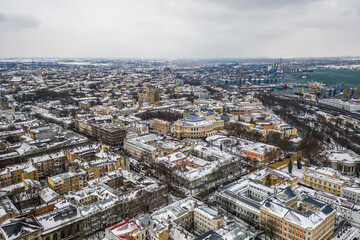 Fototapeta na wymiar Aerial view on Odessa cityscape after snow blizzard on February 8, 2021.