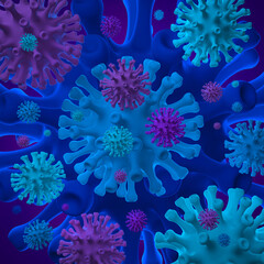 Fototapeta na wymiar Covid-19 virus cells. Abstract medical microbiological blue, purple and turquoise background. 3D render.