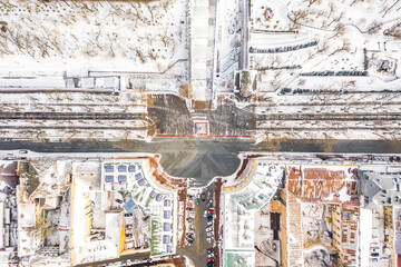 Bird view on the monument, of the founders of the city, Duke de Richelieu on the Promenade is one of the main attractions of Odessa. After snow blizzard on February 8, 2021.