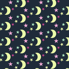 Dark Abstract Pattern with Moon and Colorful Stars
