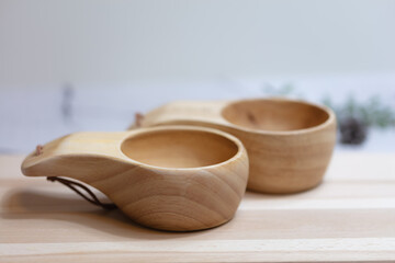 Handmade wooden mugs. Scandinavian style
