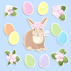 Set of stickers with Easter eggs, rabbit and flowers