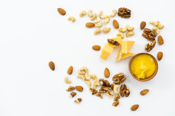 Walnut and honeycomb isolated on white background. For products with nuts and honey ingredients.