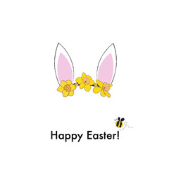 Cute bunny ears with cute doodle bee vector. Happy Easter greeting card