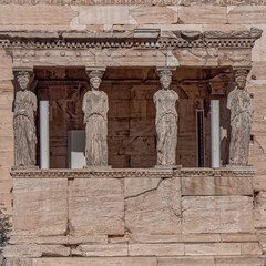 Athens Acropolis Greece, Caryatides women statues on Erechtheion ancient temple facade