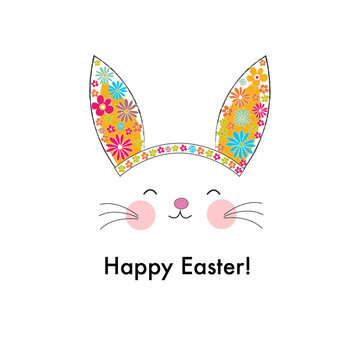 Cute bunny ears with colorful flowers. Happy Easter greeting card