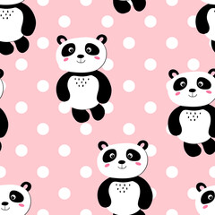 Obraz premium Seamless pattern with cute panda baby on color polka dots background. Funny asian animals. Card, postcards for kids. Flat vector illustration for fabric, textile, wallpaper
