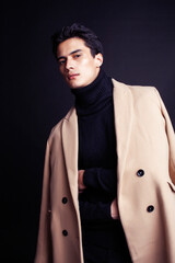 handsome asian fashion looking man posing in studio on black background, lifestyle modern people concept