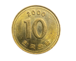 South Korea ten won coin on a white isolated background