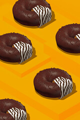 Minimal food geometry in details. 3d render scene chocolate donuts in isometry stylish yellow room. Restaurant, bar, bakery, candy shop, food delivery concept art.