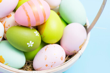 Fototapeta na wymiar Easter basket filled with painted Easter eggs. Colorful painted Easter eggs in basket