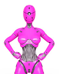 gynoid is the super fembot is doing a power action pose in white background