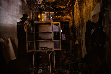 Burnt house interior. Consequences of fire concept