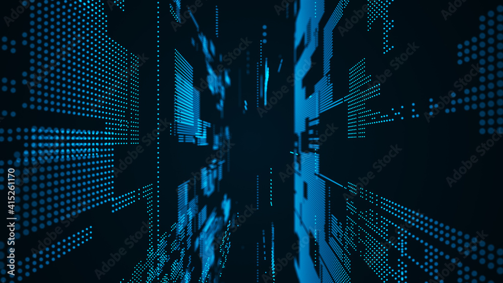 Fototapete Abstract technology background. Computer matrix. Futuristic cyber background of particles. 3d rendering.