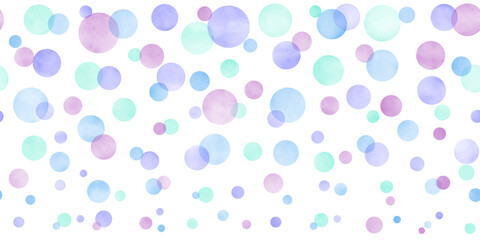 Seamless pastel watercolor background texture. Pastel color circles. Painted illustration. Template for design. Vintage. Retro. Blue, green, purple.