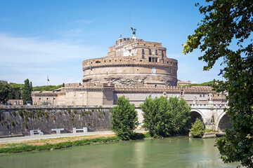 Saint Angel Castle and bridge over the Tiber river in Rome, Italy