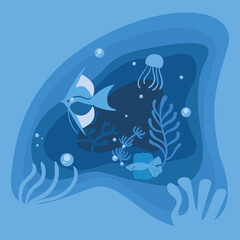 Obraz na płótnie Canvas Blue fishes animals and corals vector design